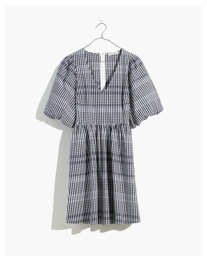 Women Poplin V Neck Bubble Sleeve Mini Dress In Plaid Craft Blue Madewell Dresses Women Poplin V Neck Bubble Sleeve Mini Dress In Plaid Craft Blue Madewell Dresses