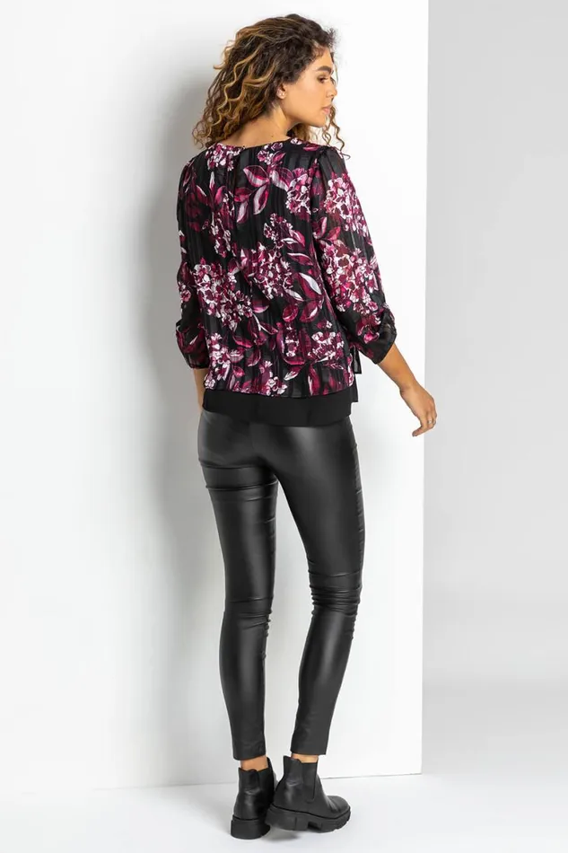 Women Port Floral Shimmer Overlay Top Roman Tops