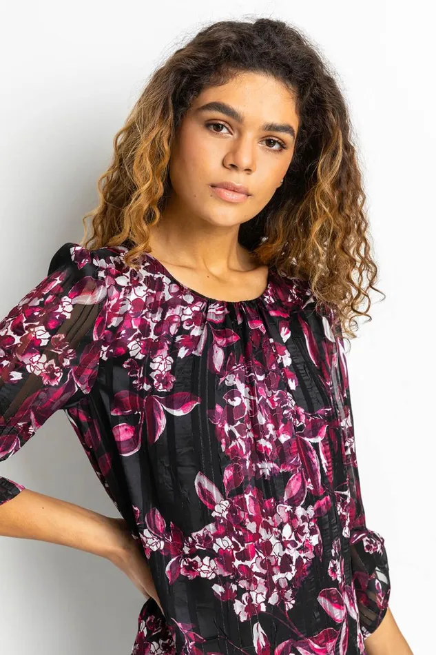 Women Port Floral Shimmer Overlay Top Roman Tops