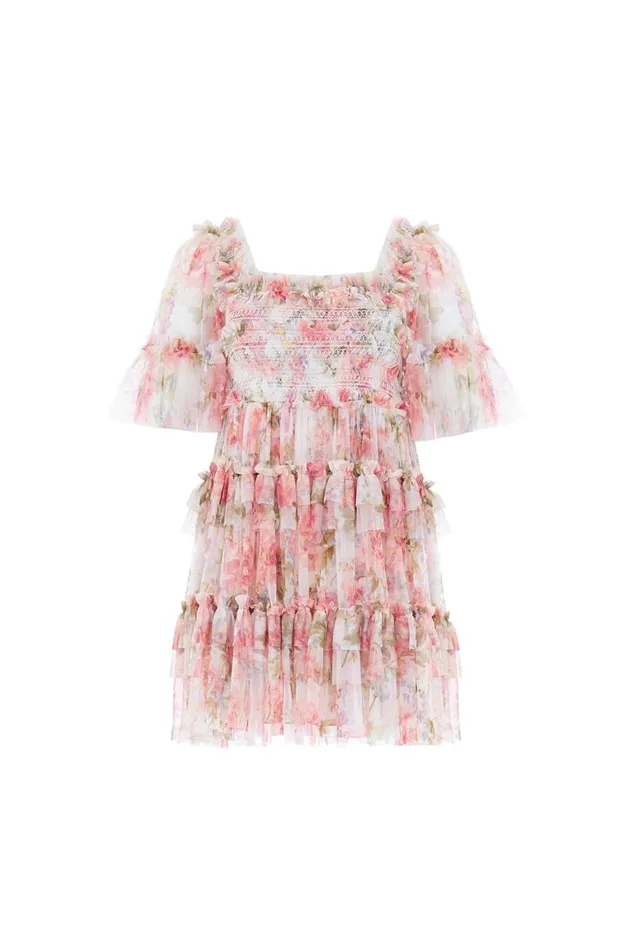 Women Printed Dresses Needle and Thread Summer Song Peaches Smocked Micro Mini Dress Multi