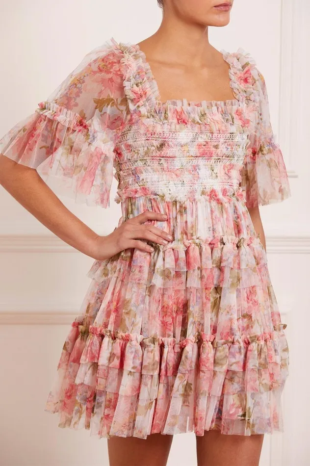 Women Printed Dresses Needle and Thread Summer Song Peaches Smocked Micro Mini Dress Multi