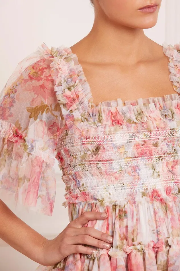 Women Printed Dresses Needle and Thread Summer Song Peaches Smocked Micro Mini Dress Multi