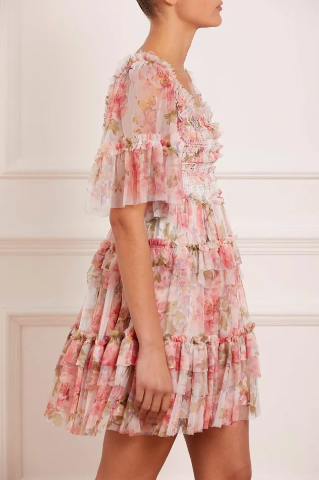 Women Printed Dresses Needle and Thread Summer Song Peaches Smocked Micro Mini Dress Multi