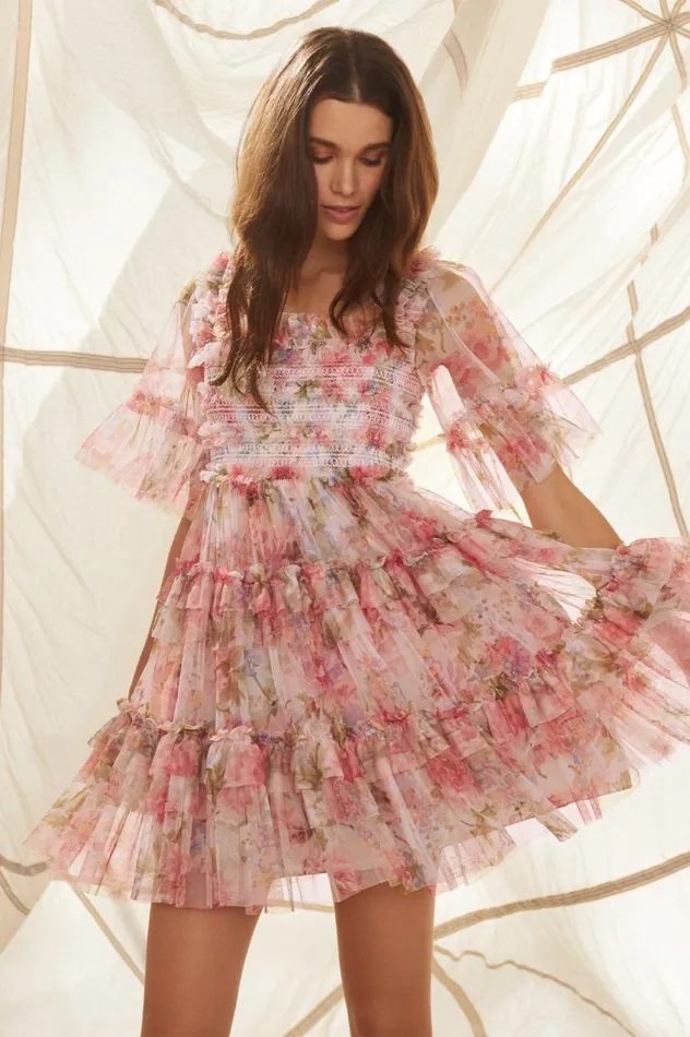 Women Printed Dresses Needle and Thread Summer Song Peaches Smocked Micro Mini Dress Multi