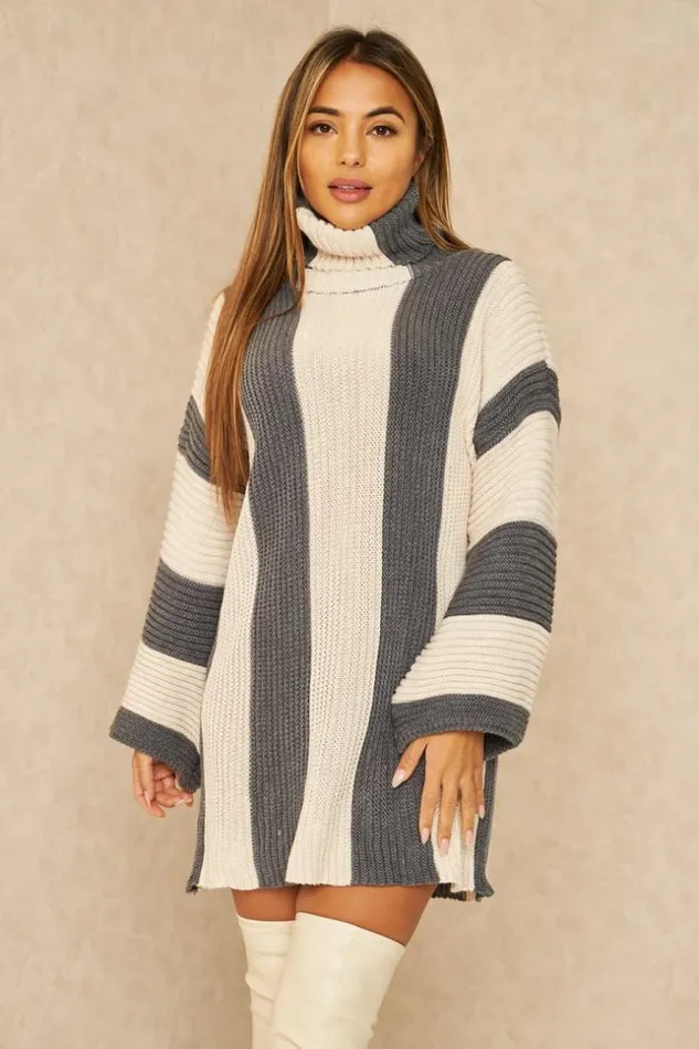 Women Pull Long En Grosses Mailles Rayures Beiges Et Grises Grey Brentiny Paris Short Dresses