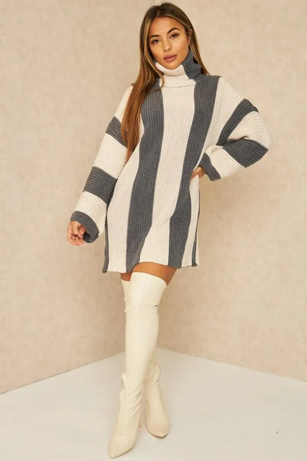 Women Pull Long En Grosses Mailles Rayures Beiges Et Grises Grey Brentiny Paris Short Dresses Women Pull Long En Grosses Mailles Rayures Beiges Et Grises Grey Brentiny Paris Short Dresses