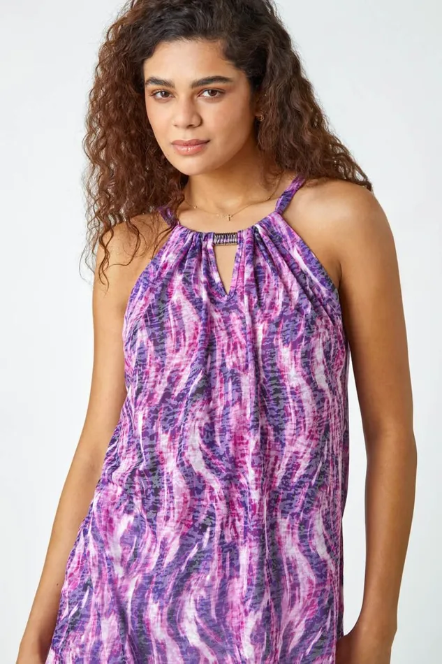 Women Purple Abstract Print Halter Neck Top Roman Tops
