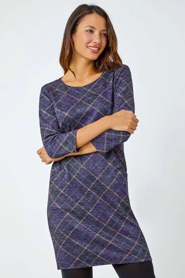 Women Purple Check Print Pocket Shift Dress Roman Dresses