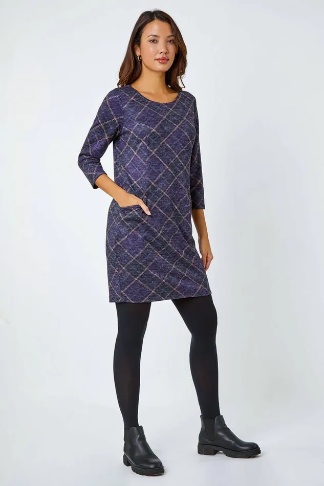 Women Purple Check Print Pocket Shift Dress Roman Dresses
