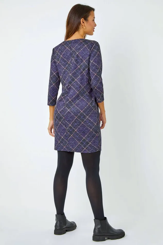 Women Purple Check Print Pocket Shift Dress Roman Dresses