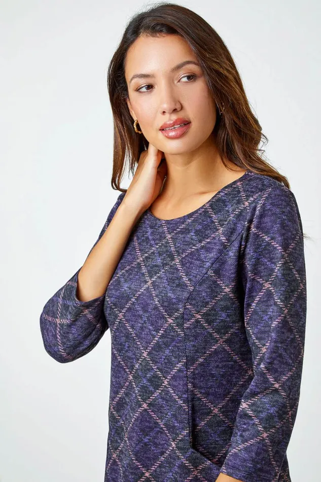 Women Purple Check Print Pocket Shift Dress Roman Dresses