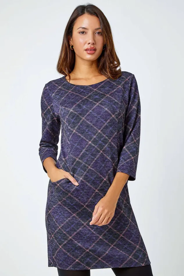 Women Purple Check Print Pocket Shift Dress Roman Dresses