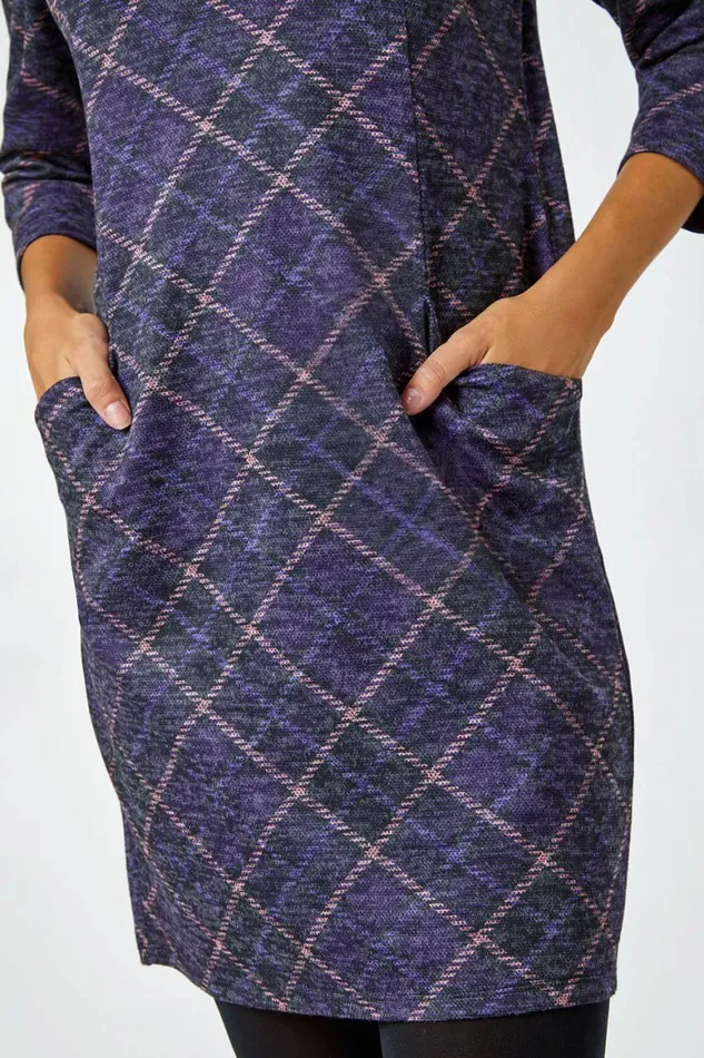 Women Purple Check Print Pocket Shift Dress Roman Dresses