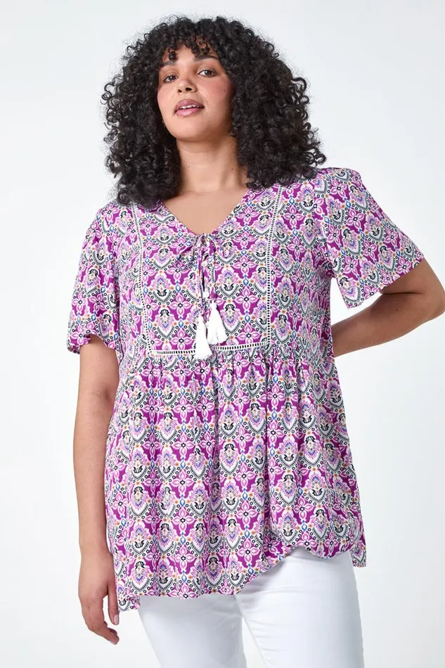 Women Purple Curve Tie Front VNeck Boho Printed Top Roman Tops