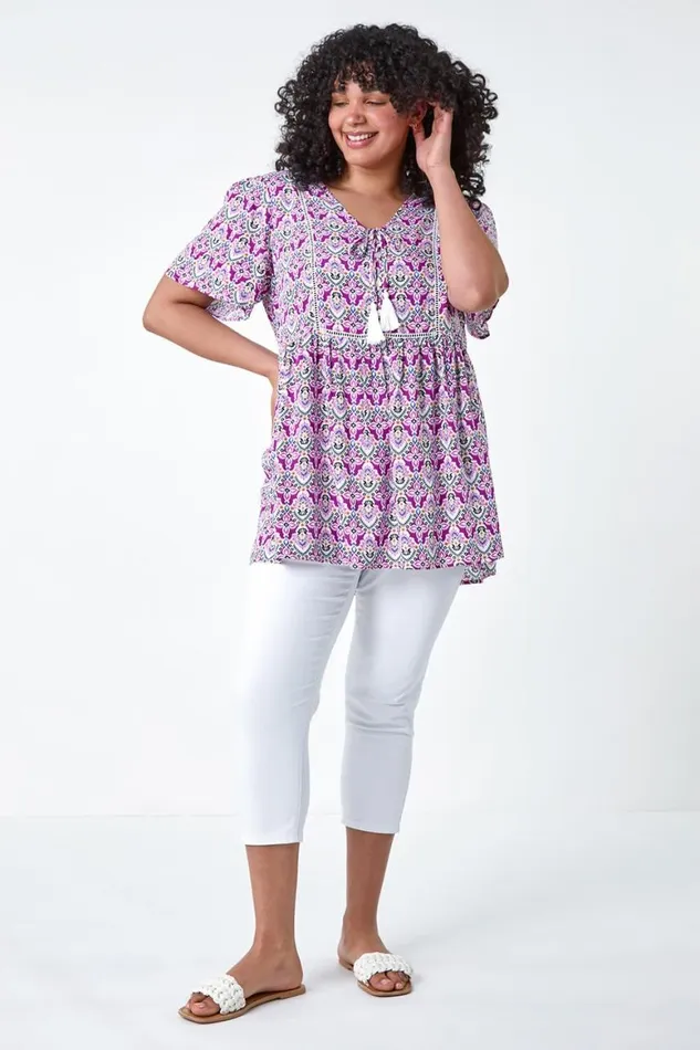Women Purple Curve Tie Front VNeck Boho Printed Top Roman Tops