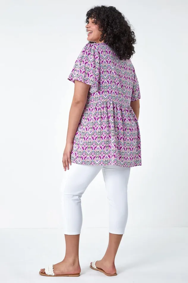 Women Purple Curve Tie Front VNeck Boho Printed Top Roman Tops