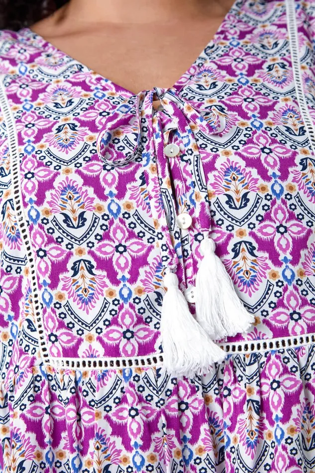 Women Purple Curve Tie Front VNeck Boho Printed Top Roman Tops
