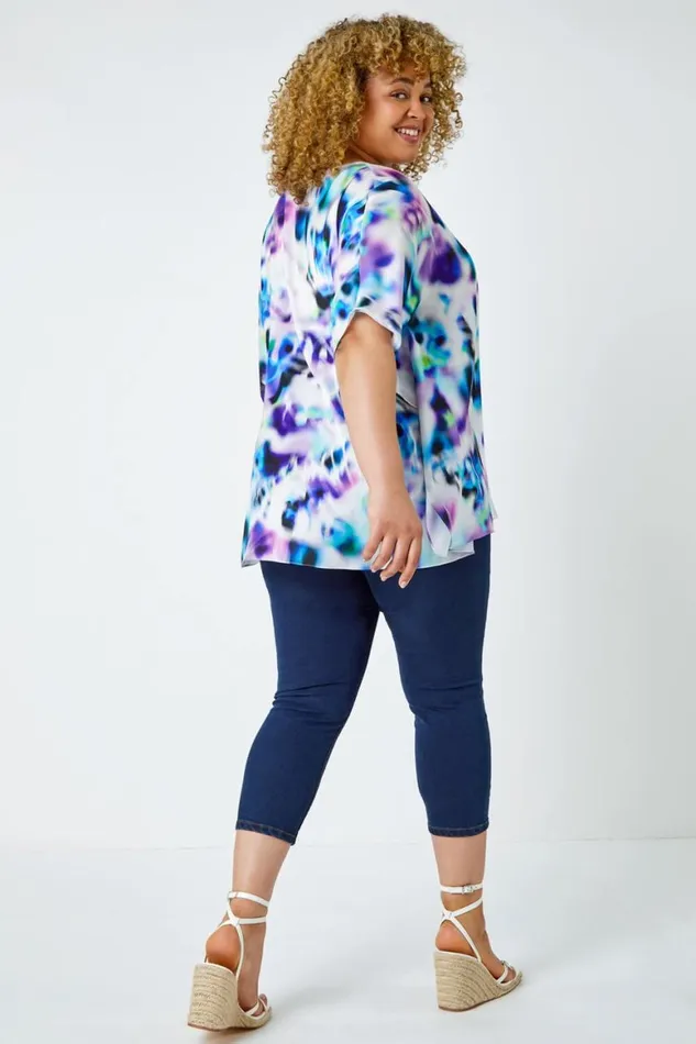 Women Purple Curve Watercolour VNeck Chiffon Tunic Top Roman Tops