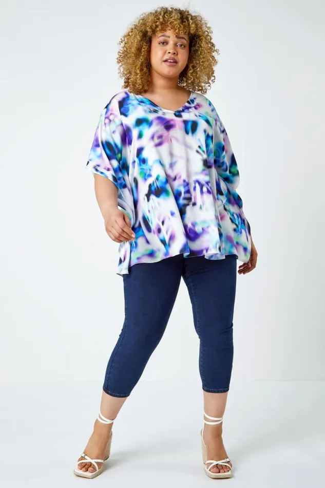 Women Purple Curve Watercolour VNeck Chiffon Tunic Top Roman Tops