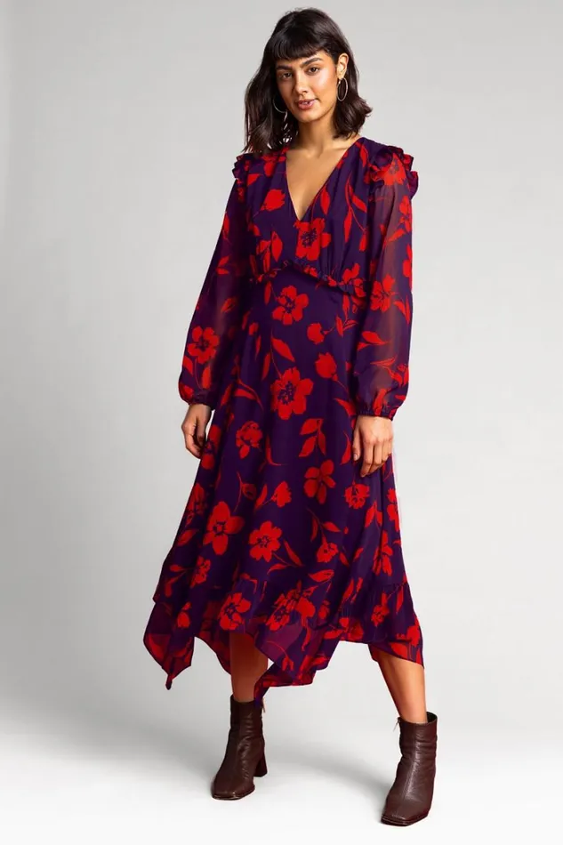 Women Purple Floral Print Chiffon Midi Dress Roman Dresses
