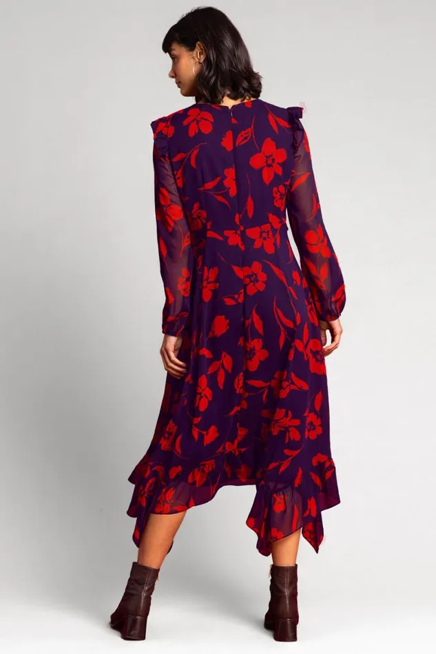 Women Purple Floral Print Chiffon Midi Dress Roman Dresses