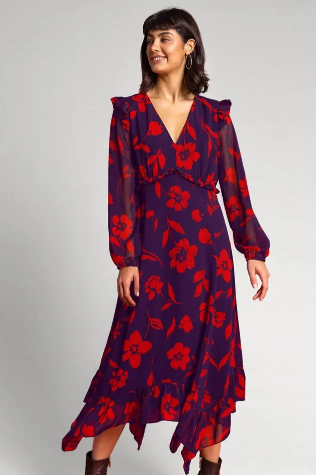 Women Purple Floral Print Chiffon Midi Dress Roman Dresses