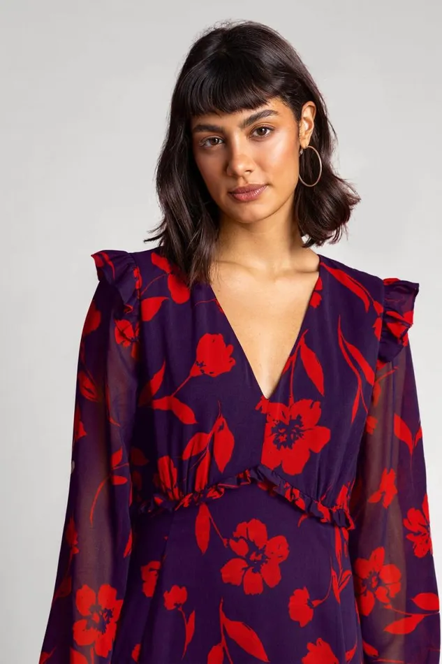 Women Purple Floral Print Chiffon Midi Dress Roman Dresses