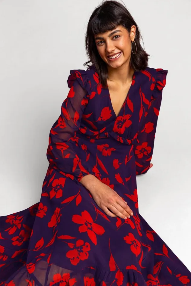 Women Purple Floral Print Chiffon Midi Dress Roman Dresses