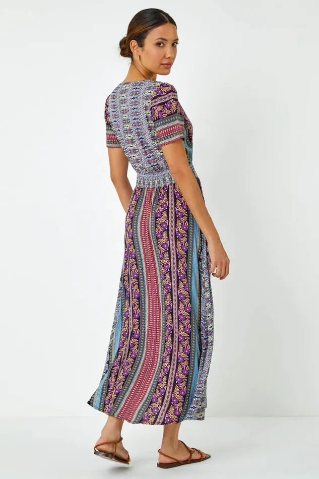 Women Purple Floral Print Fit And Flare Maxi Dress Roman Dresses