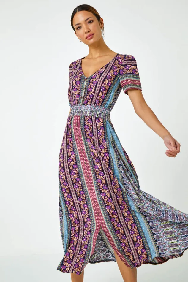 Women Purple Floral Print Fit And Flare Maxi Dress Roman Dresses