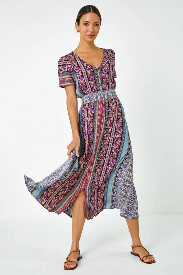 Women Purple Floral Print Fit And Flare Maxi Dress Roman Dresses