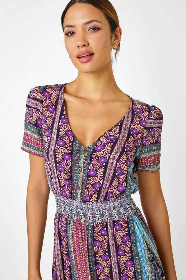 Women Purple Floral Print Fit And Flare Maxi Dress Roman Dresses