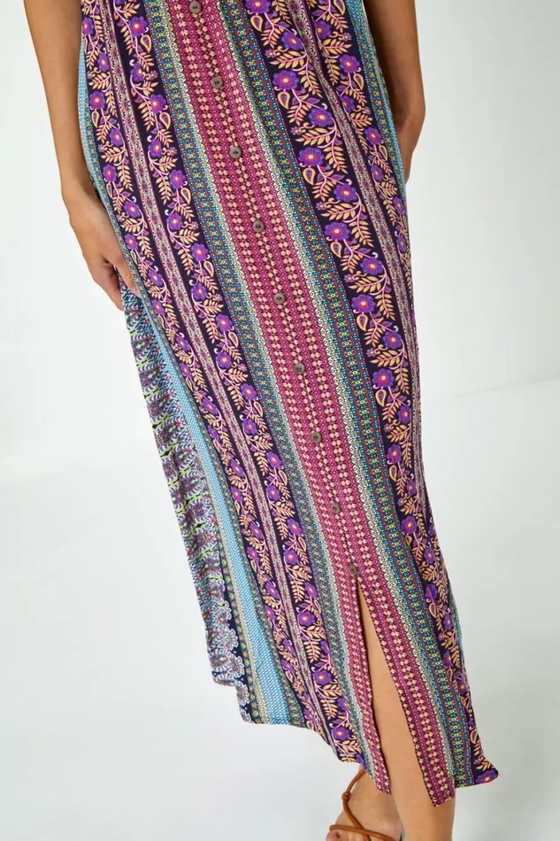 Women Purple Floral Print Fit And Flare Maxi Dress Roman Dresses
