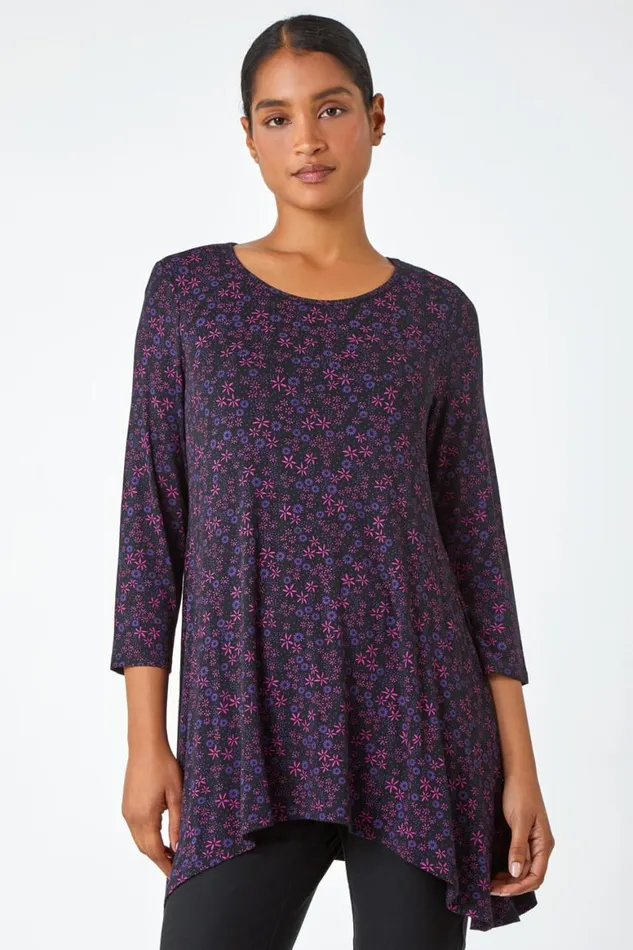 Women Purple Floral Print Hanky Hem Stretch Top Roman Tops