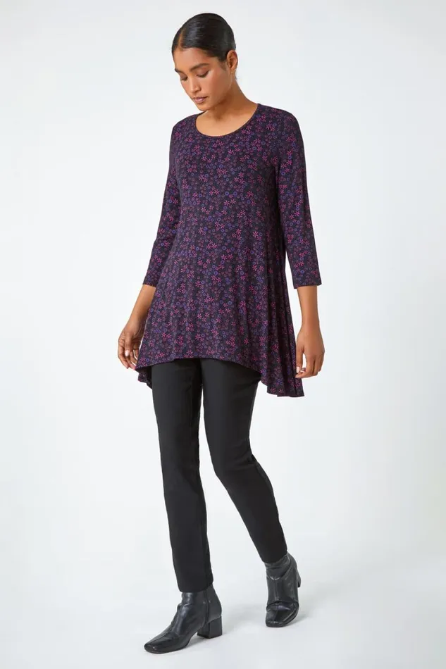 Women Purple Floral Print Hanky Hem Stretch Top Roman Tops