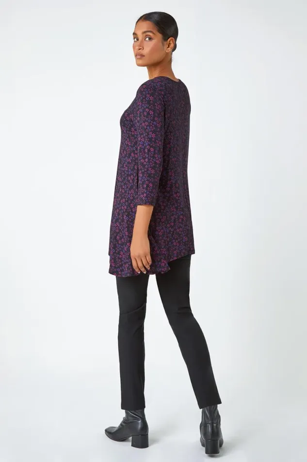 Women Purple Floral Print Hanky Hem Stretch Top Roman Tops