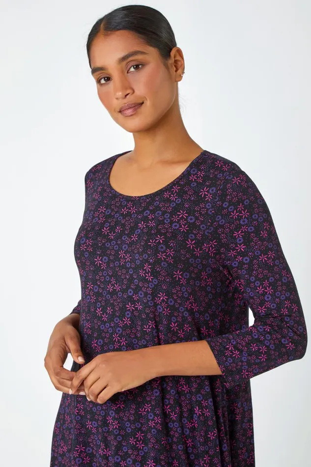 Women Purple Floral Print Hanky Hem Stretch Top Roman Tops