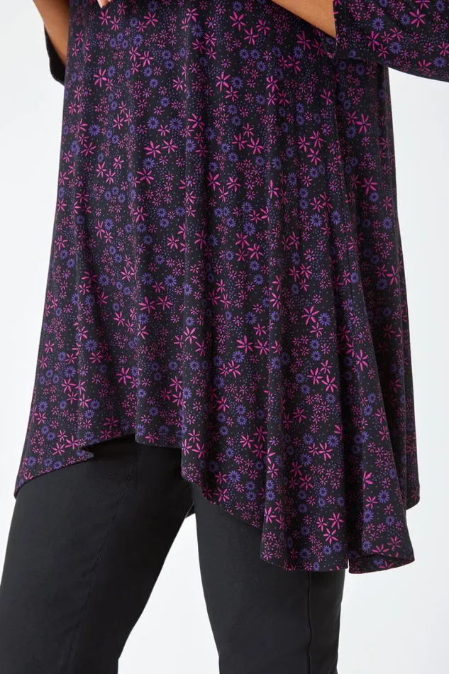 Women Purple Floral Print Hanky Hem Stretch Top Roman Tops