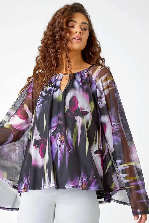 Women Purple Floral Print Mesh Stretch Top Roman Tops