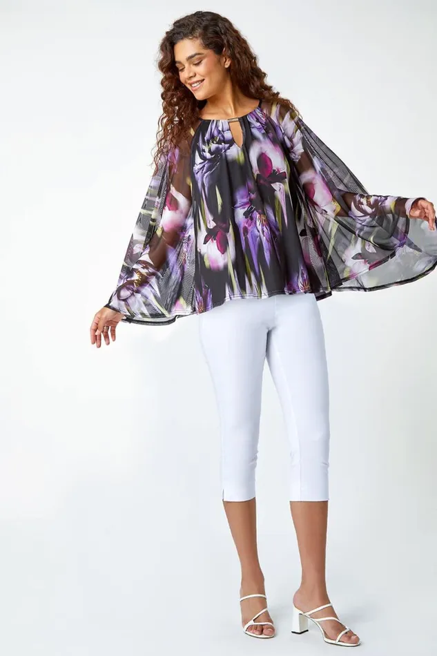 Women Purple Floral Print Mesh Stretch Top Roman Tops