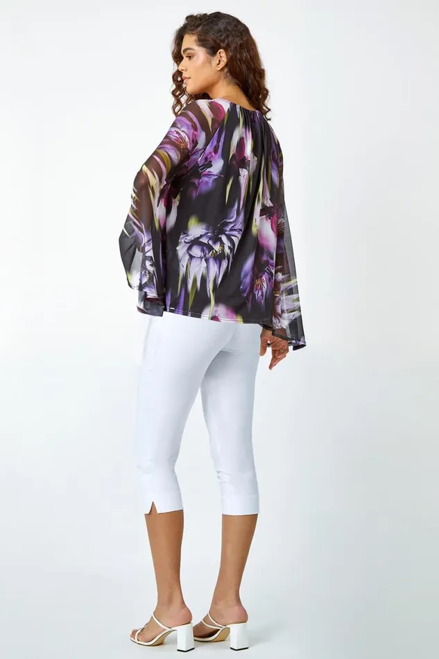 Women Purple Floral Print Mesh Stretch Top Roman Tops