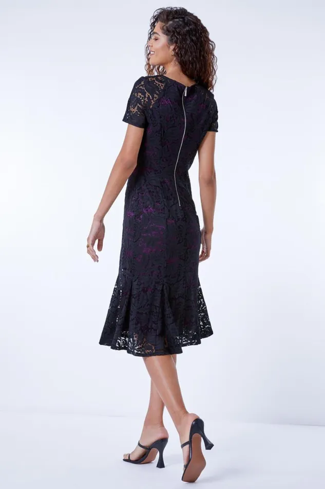 Women Purple Flute Hem Lace Midi Dress Roman Dresses