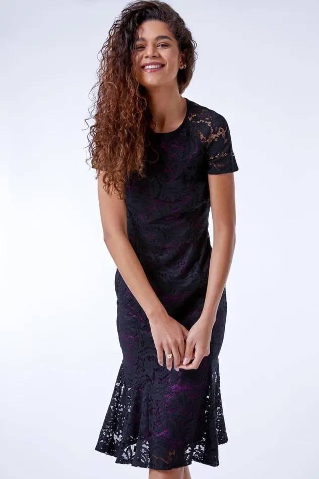 Women Purple Flute Hem Lace Midi Dress Roman Dresses