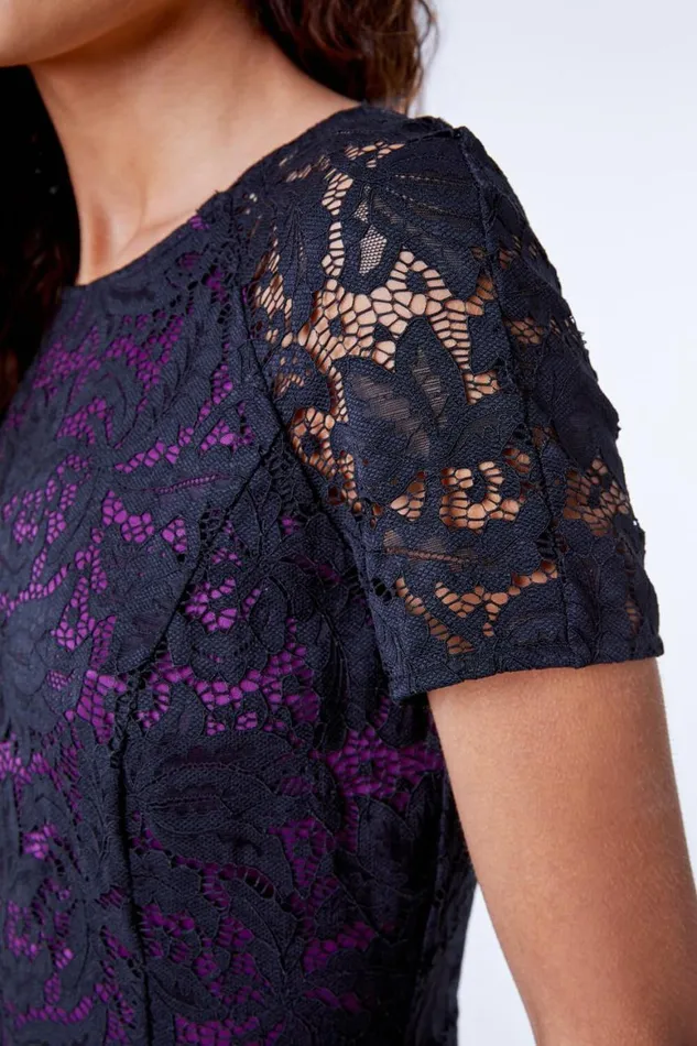 Women Purple Flute Hem Lace Midi Dress Roman Dresses