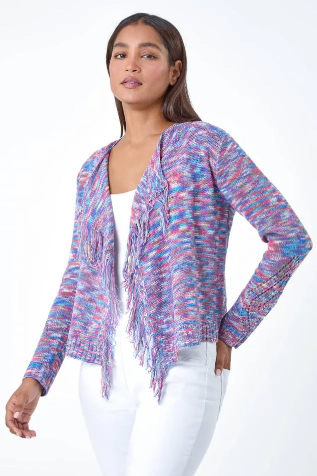 Women Purple Fringe Detail Waterfall Cardigan Roman Knitwear