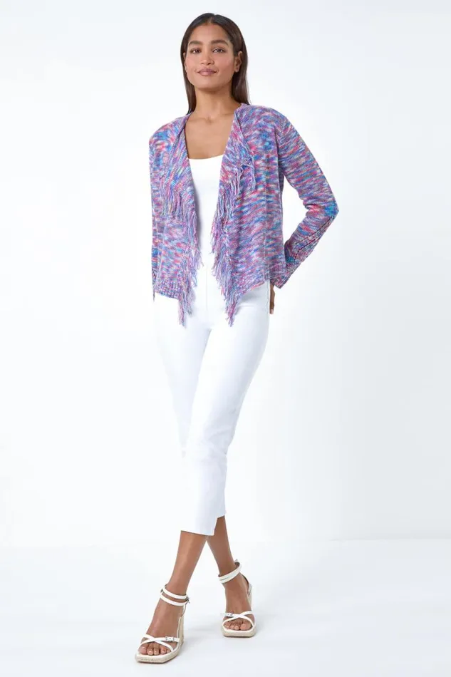 Women Purple Fringe Detail Waterfall Cardigan Roman Knitwear