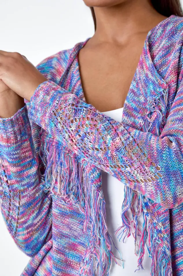 Women Purple Fringe Detail Waterfall Cardigan Roman Knitwear