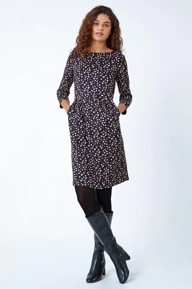 Women Purple Leaf Print Pleat Detail Shift Dress Roman Dresses