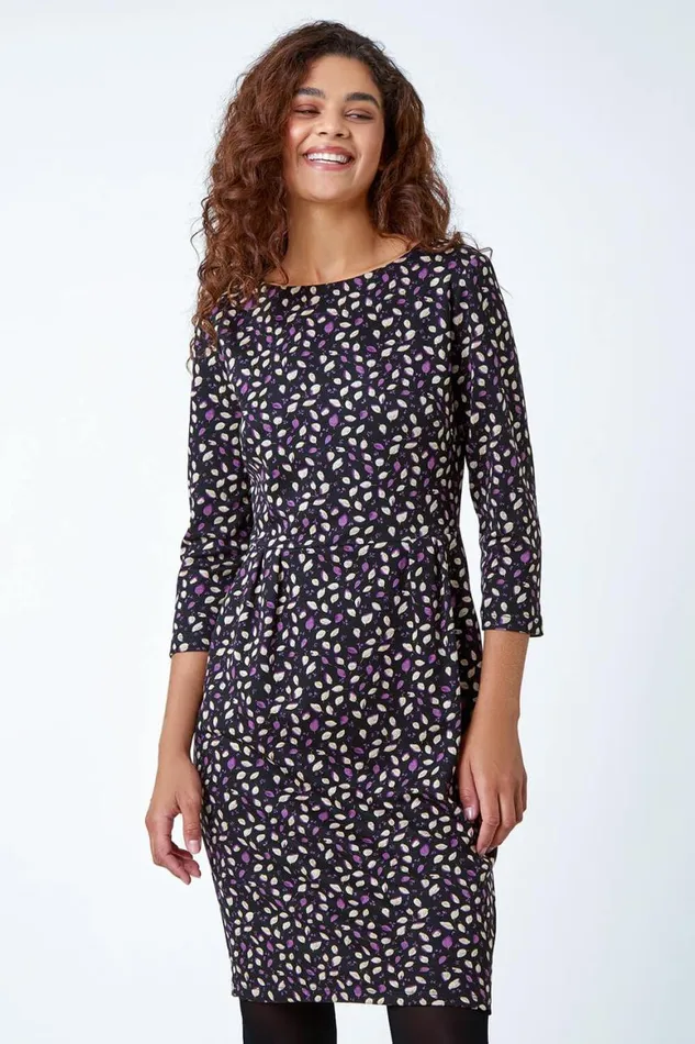 Women Purple Leaf Print Pleat Detail Shift Dress Roman Dresses