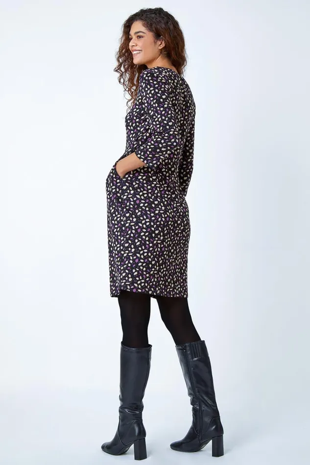 Women Purple Leaf Print Pleat Detail Shift Dress Roman Dresses